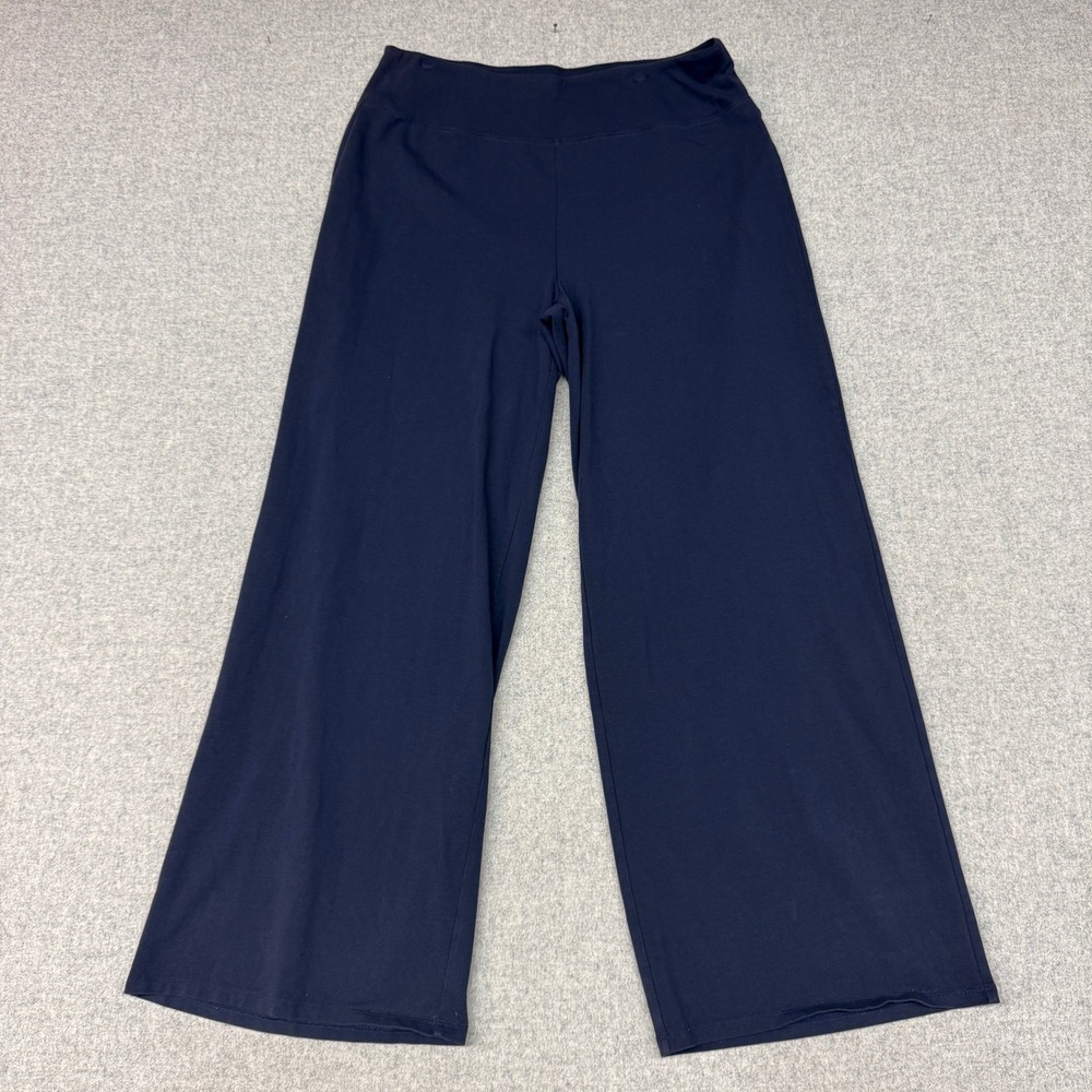 Eileen Fisher Wide Leg Pants Size L Navy Blue Organic Cotton Stretch Pull On